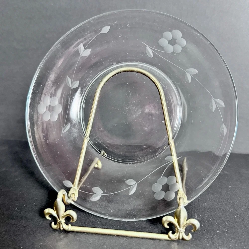 (4) Libbey‎ Halifax By Rock Sharpe Clear Floral Etched Glass Dessert Plate